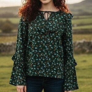 NEW Sonoma Large $40 Green Blue Floral‎ Ruffle Balloon Sleeve Tie Neck Blouse